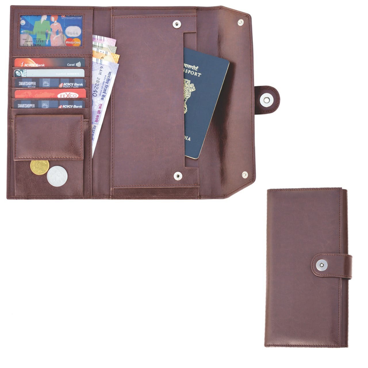 Leather Wallet Passport Cover with Passport, Boarding Pass, Currency, Card Slot & Coin Holder for Men & Women (Dark Brown) | Travel Gifts